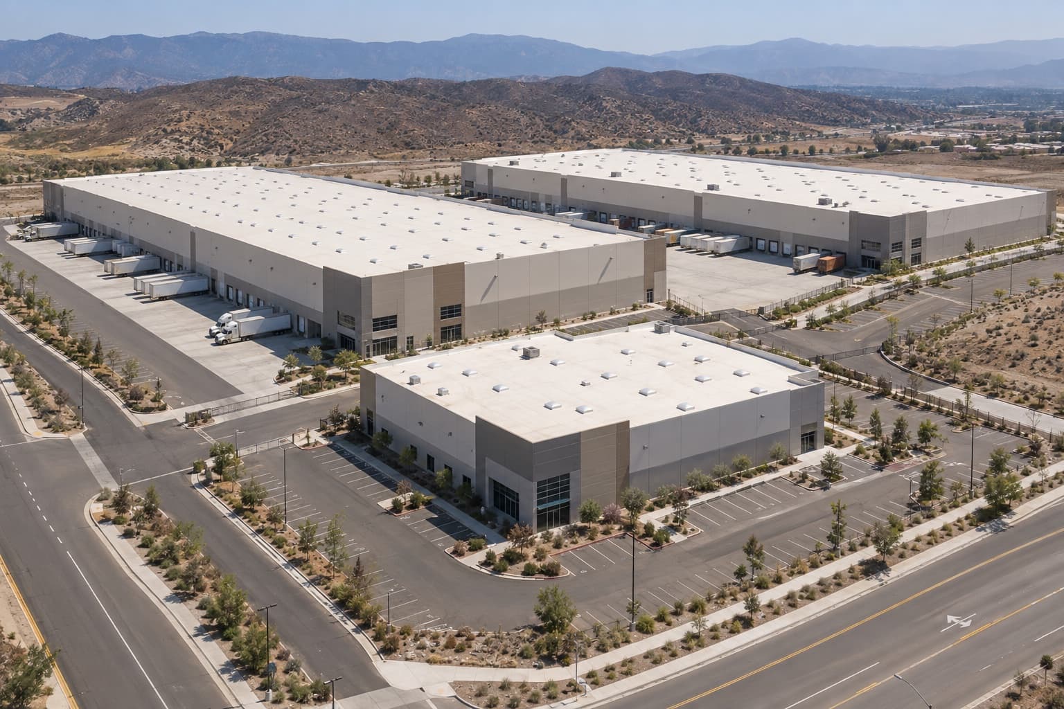 Aerial view over a Southern California industrial logistics park