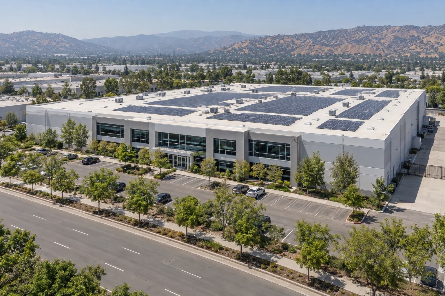 Aerial view of a solar-roof manufacturing campus
